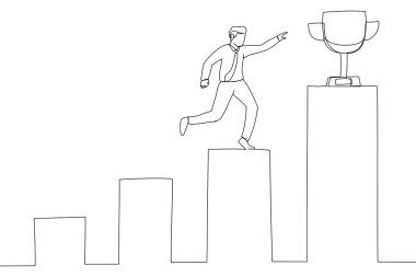 businessman professional step up growing bar graph to win the trophy. One line art style