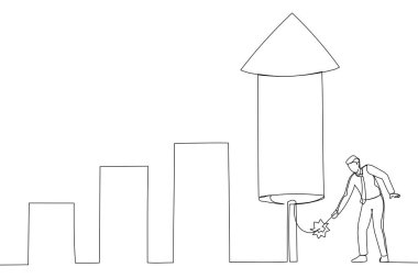 businessman ignite firework rocket bar graph to increase company growth. Single line art