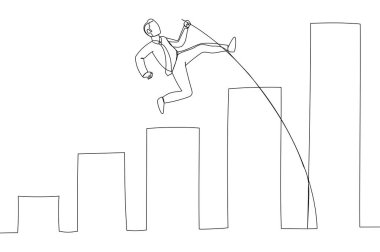 businessman jumping pole vault over growth bar graph. Business growth. Single line art