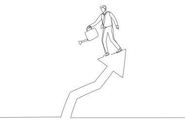 businessman pouring water for company growth arrow. business increase profit. Single line art