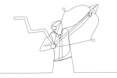 businessman turn down trend graph to be rising up with his bow. One line art style