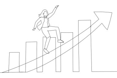 Drawing of smart businesswoman company leader riding skateboard fast on rising up profit graph diagram. Single line art style