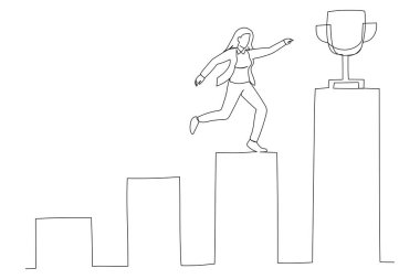 Illustration of businesswoman professional step up growing bar graph to win the trophy. Business winner, achievement or prize. One continuous line art style