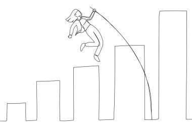 Drawing of businesswoman jumping pole vault over growth bar graph. Business growth, improvement. Single line art style