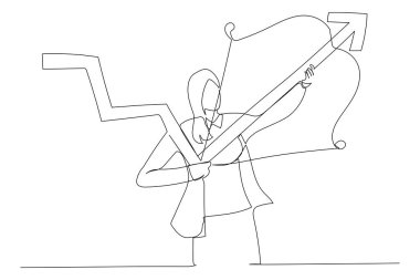 Illustration of confidence businesswoman federal reserve turn down trend graph to be rising up with his bow. Inflation rising up concept. One line art style