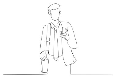 Cartoon of young businessman looking at messages on cellphone while walking in the street in downtown. Continuous line art style