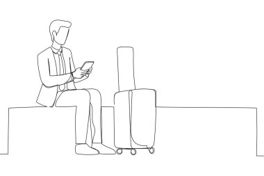 Drawing of young man waiting and using mobile phone at the airport. Single line art style