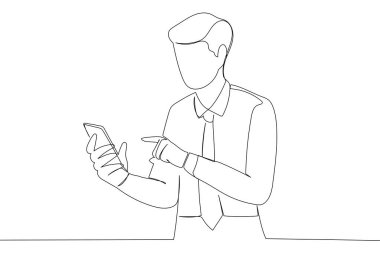 Illustration of man standing using a mobile phone. One line art style