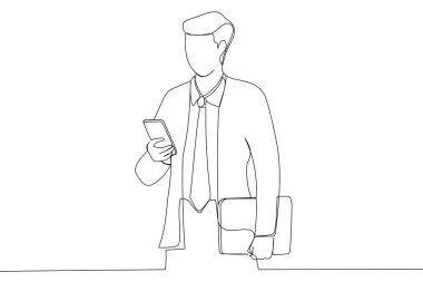 Drawing of young businessman holding his laptop while using his phone and standing on the street. Single line art style