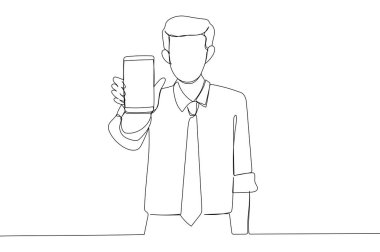 Illustration of young man holding smartphone, showing gadget to camera. One line art style