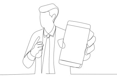 Cartoon of guy holding big smartphone with white blank screen in hand, showing close to camera and pointing at device. Single continuous line art style