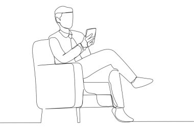 Cartoon of guy using mobile phone with new application sitting in armchair. Single continuous line art style