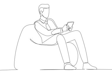 Cartoon of young man sitting comfy soft armchair holding telephone chatting colleagues. Single continuous line art style