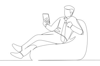 Illustration of young man sit in bag chair hold use pointing index finger on mobile cell phone. One line art style