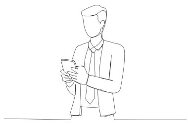 Drawing of business man using cell phone. Having Conversation, typing sms or presenting. Single line art style