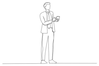 Cartoon of businessman typing on a mobile phone. Continuous line art