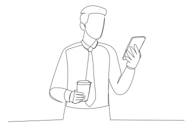 Illustration of businessman using a smart phone outdoor. One line style art