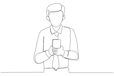 Drawing of young man using his phone while standing. Single continuous line art