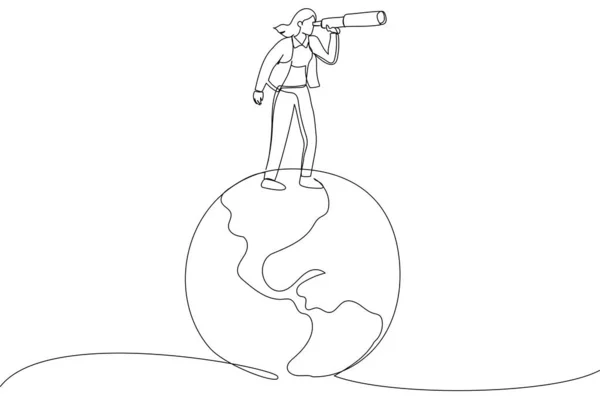 Illustration of businesswoman standing on planet earth globe using telescope search new opportunity. Globalization, global business vision. One line art style