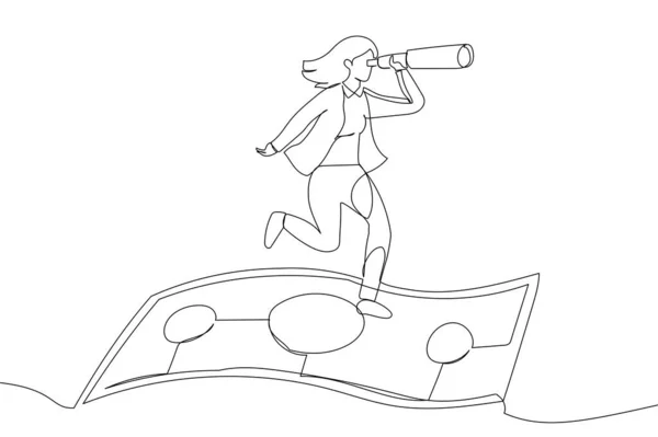 Drawing Businesswoman Riding Flying Banknote Money Using Spyglass Telescope See — Archivo Imágenes Vectoriales