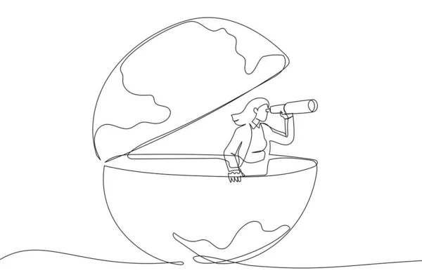 Cartoon of businesswoman open globe using telescope looking for vision to new opportunity. Work or investment, searching for oversea business concept. Single continuous line art style