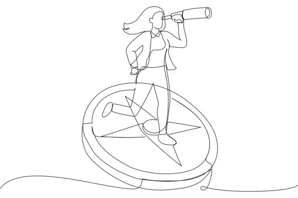 Drawing Businesswoman Standing Compass Showing Direction Symbol Strategy Future Vision — Stockvektor