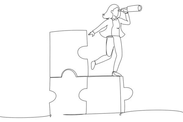Drawing Businesswoman Standing Uncompleted Jigsaw Looking Missing Piece Finding Solution — Stock vektor