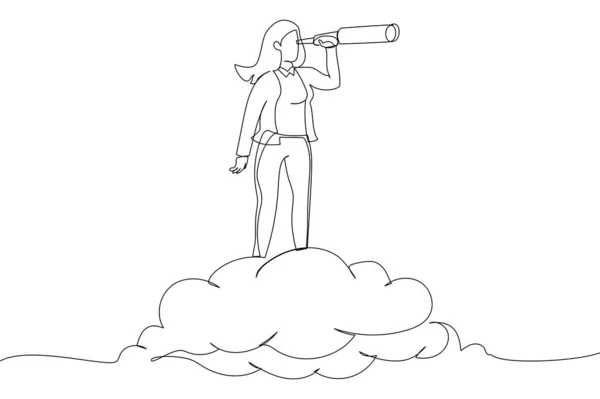 Illustration Businesswoman Riding Cloud Holding Telescope Binocular Search Business Visionary - Stok Vektor