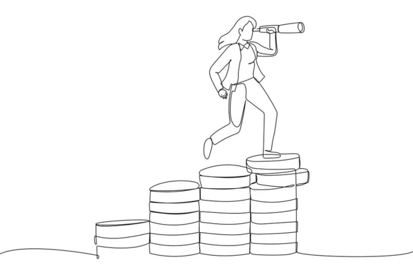 Cartoon Businesswoman Leader Raising Money Stack Using Telescope Spyglass Looking — Wektor stockowy