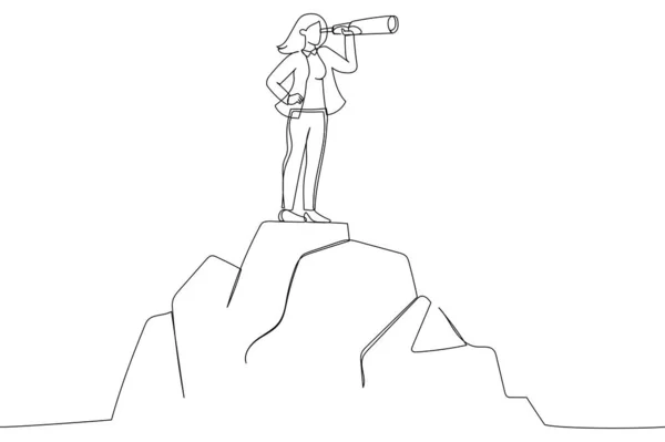 Cartoon Woman Standing Top Mountain Looking Success Business Finance Leadership — Stock Vector