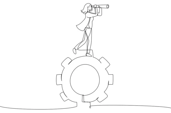 Illustration Businesswoman Standing Gears Looks Telescope One Line Art Style — стоковый вектор