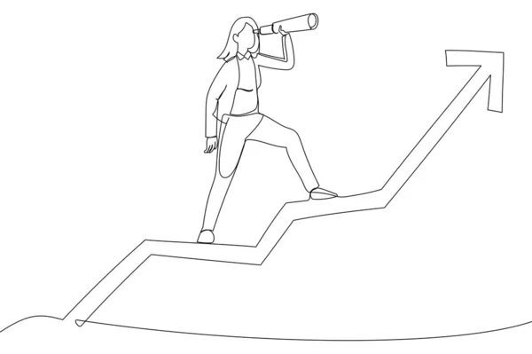 Drawing of businesswoman team manager using telescope to see future standing on top of rising arrow market graph. Investor fortune or profit growth. Single line art style