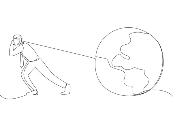 Illustration of businessman moving the globe, environmental sustainability metaphor. One line art style