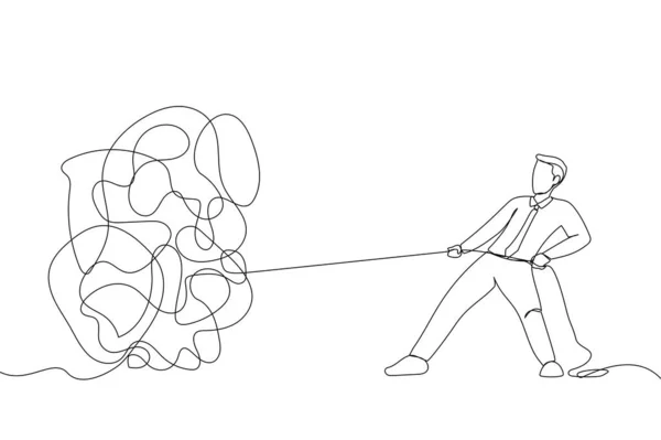 Cartoon Businessman Trying Unravel Tangled Rope Cable Single Continuous Line — Stockvector