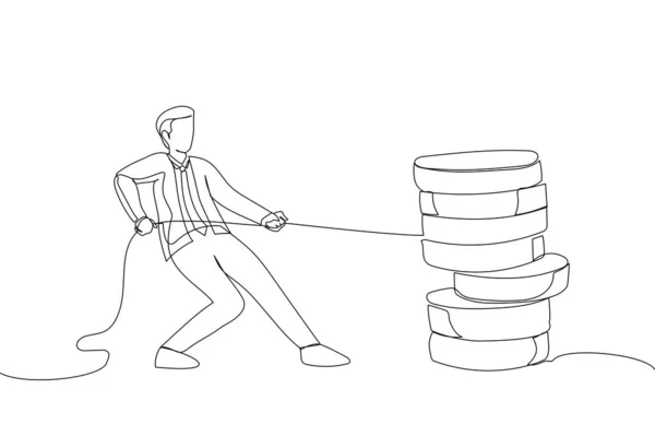 Drawing Businessman Pulling Stack Big Coins Rope Making Money Concept — стоковый вектор