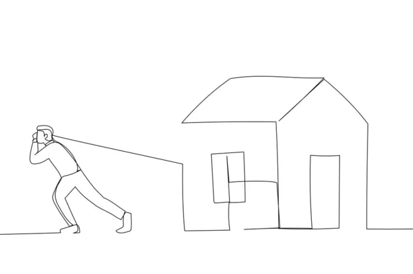 Drawing of man pulled heavy houses. Single continuous line art