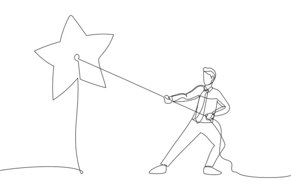 Illustration Businessman Pulling Star Working Achievement Metaphor One Line Style — Stockvector