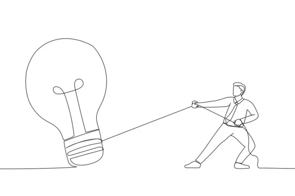 Cartoon Businessman Work Hard Pulling Big Light Bulb Idea Innovation — Vector de stock