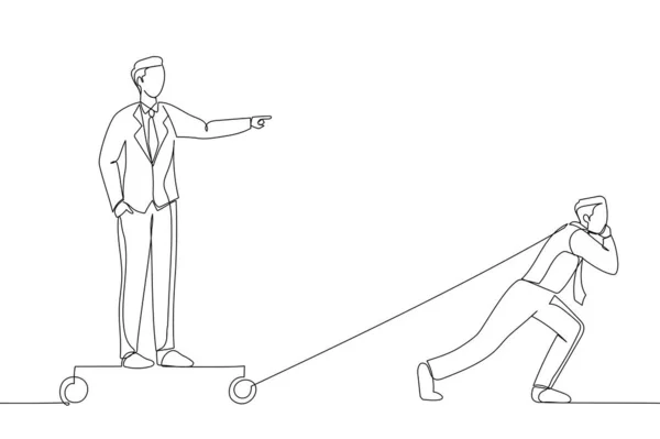 Illustration Businessman Pull Trolley Led Goal Boss One Continuous Line — Vetor de Stock