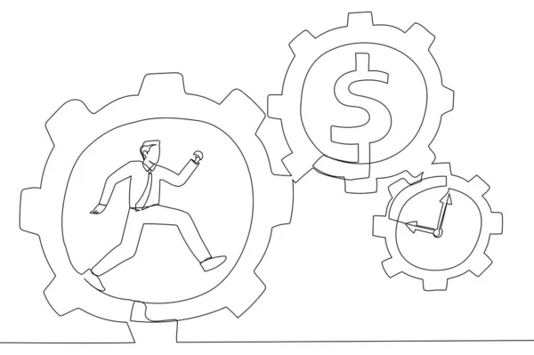 Drawing of businessman running with full effort inside gear cogs. Effort and time resulted money concept. Single line art style