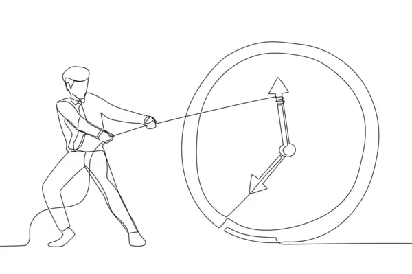 Drawing of Businessman trying to slow down and stop time. Stopping time metaphor. Single line art style