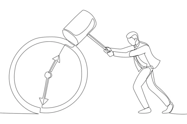 Cartoon Businessman Holding Big Hammer Smashing Alarm Clock Postpone Business — стоковый вектор