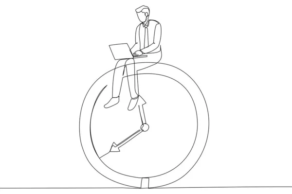 Drawing Businessman Using Computer Laptop Sitting Clock Working Hours Worker — Wektor stockowy