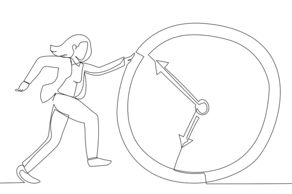 Illustration Businesswoman Running Running Clock One Continuous Line Art Style — ストックベクタ