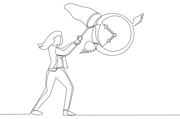 Cartoon Businesswoman Hurry Catch Flying Clock Lack Time Project Deadline — Vector de stock