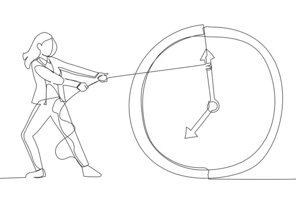 Drawing of Businesswoman trying to slow down and stop time. Stopping time metaphor. Single line art style