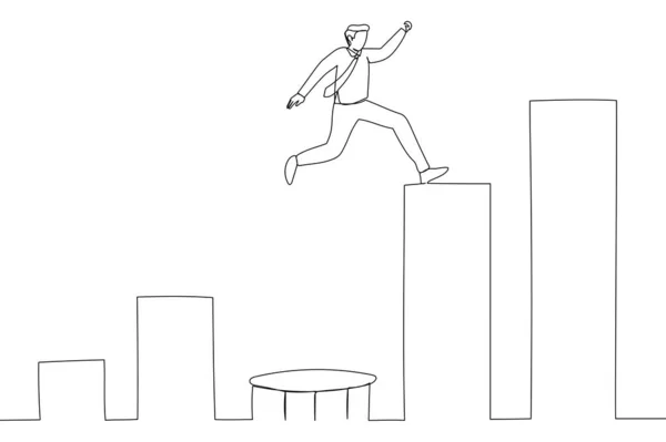 Businessman Jumping Trampoline Back Top Growing Bar Graph One Line — Wektor stockowy
