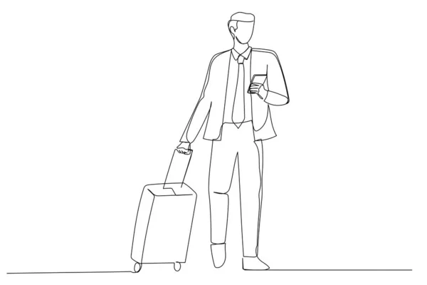 Illustration Man Walking Suitcase Airport Using Smartphone One Continuous Line — Vetor de Stock