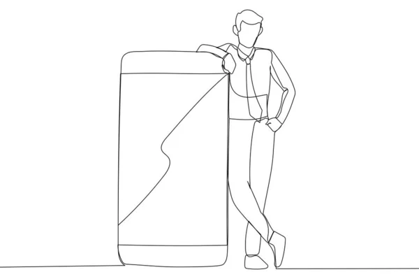 Drawing Casual Guy Standing Leaning Huge Giant Cell Phone Empty — Διανυσματικό Αρχείο