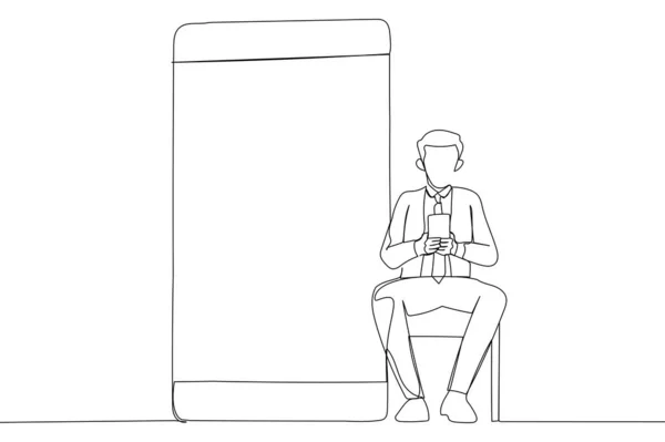 Drawing Happy Man Sitting Chair Big Smartphone Empty White Display — Διανυσματικό Αρχείο